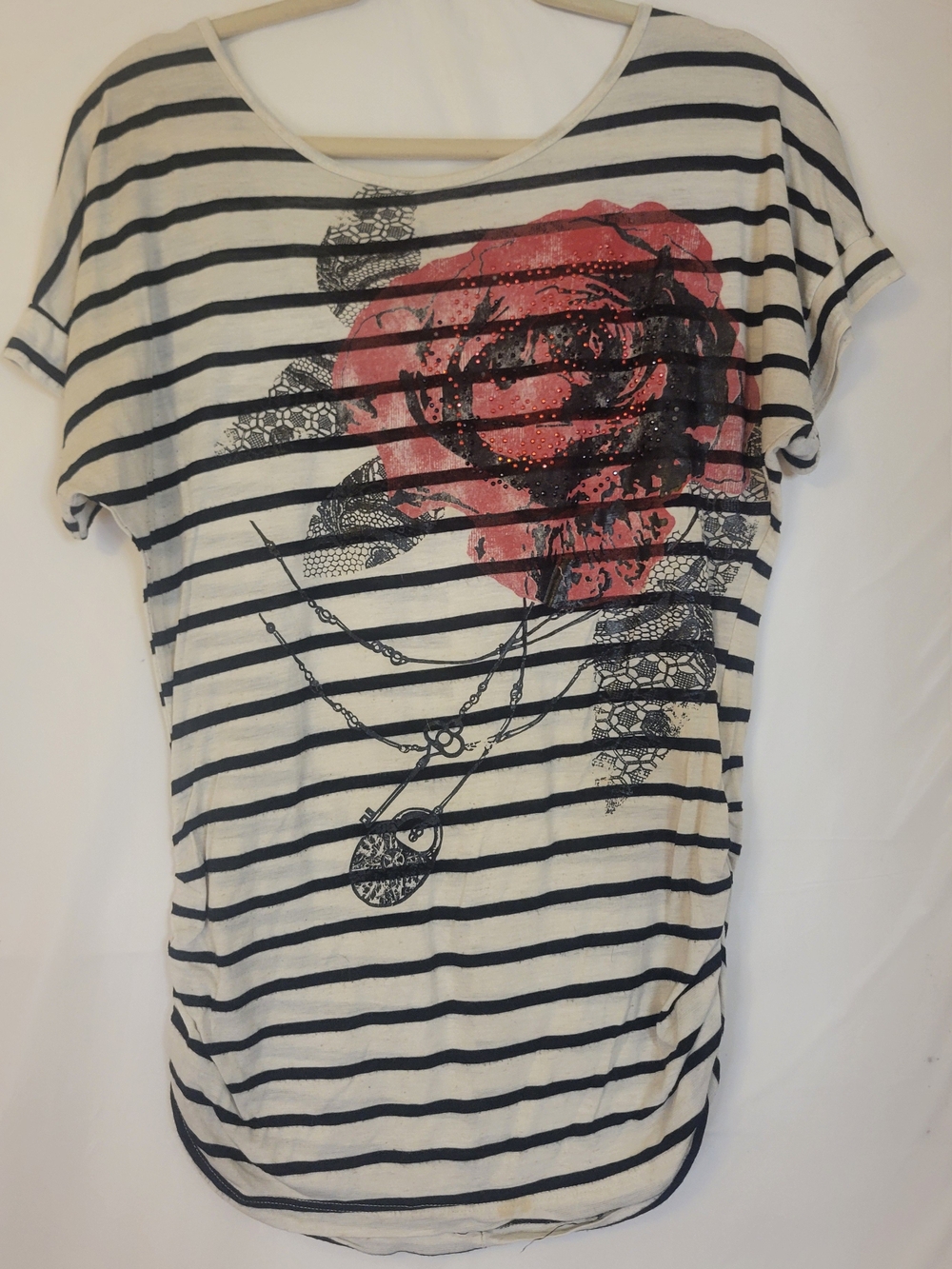Striped White & Black Women’s Tee with Red Rose Graphic